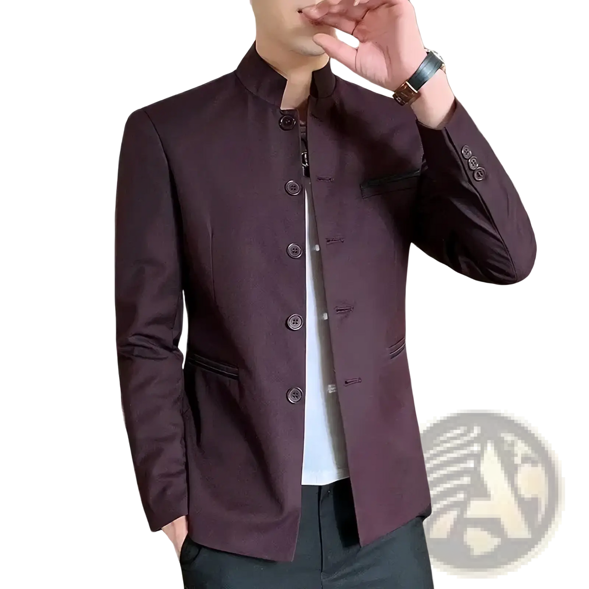 Men mandarin collar blazer in dark purple tailored fabric with traditional button closures for formal occasions