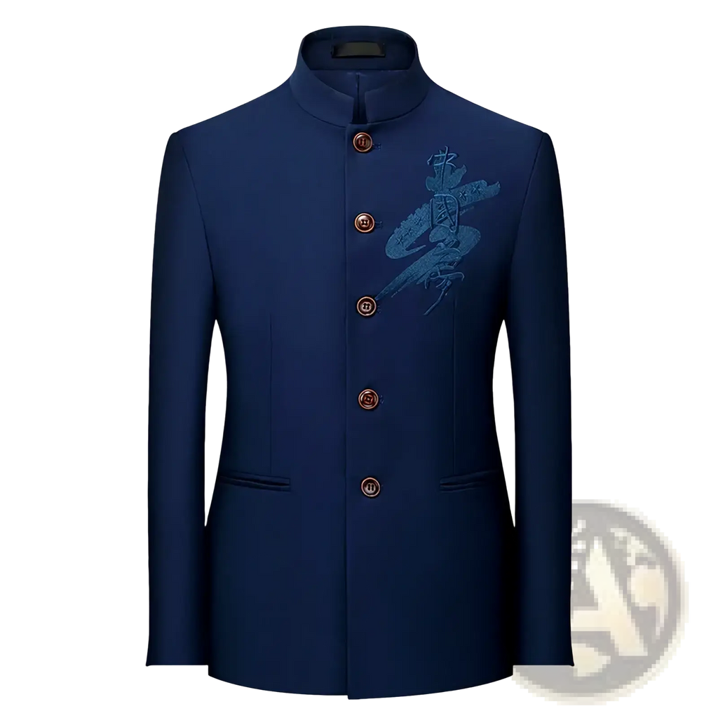 Men mandarin collar blazer in navy blue with gold-toned buttons and subtle embroidered design on left chest in traditional style