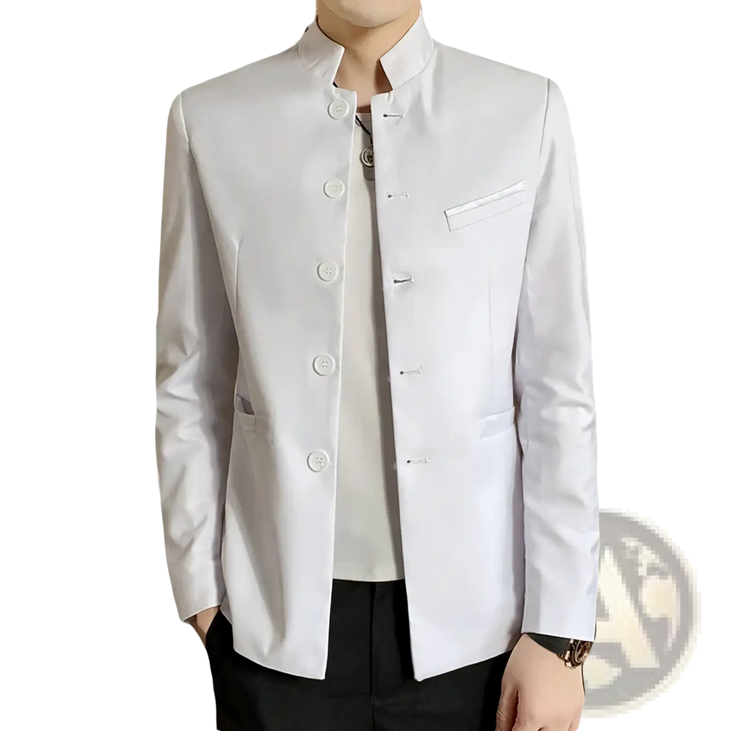 Men mandarin collar blazer in white with matching buttons chinese style suit jacket for formal occasions