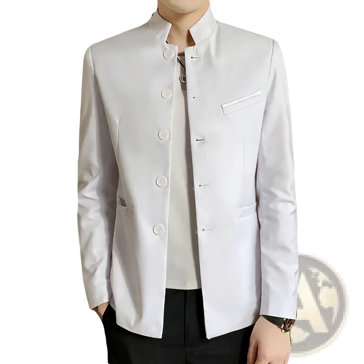 Men mandarin collar blazer in white with matching buttons chinese style suit jacket for formal occasions