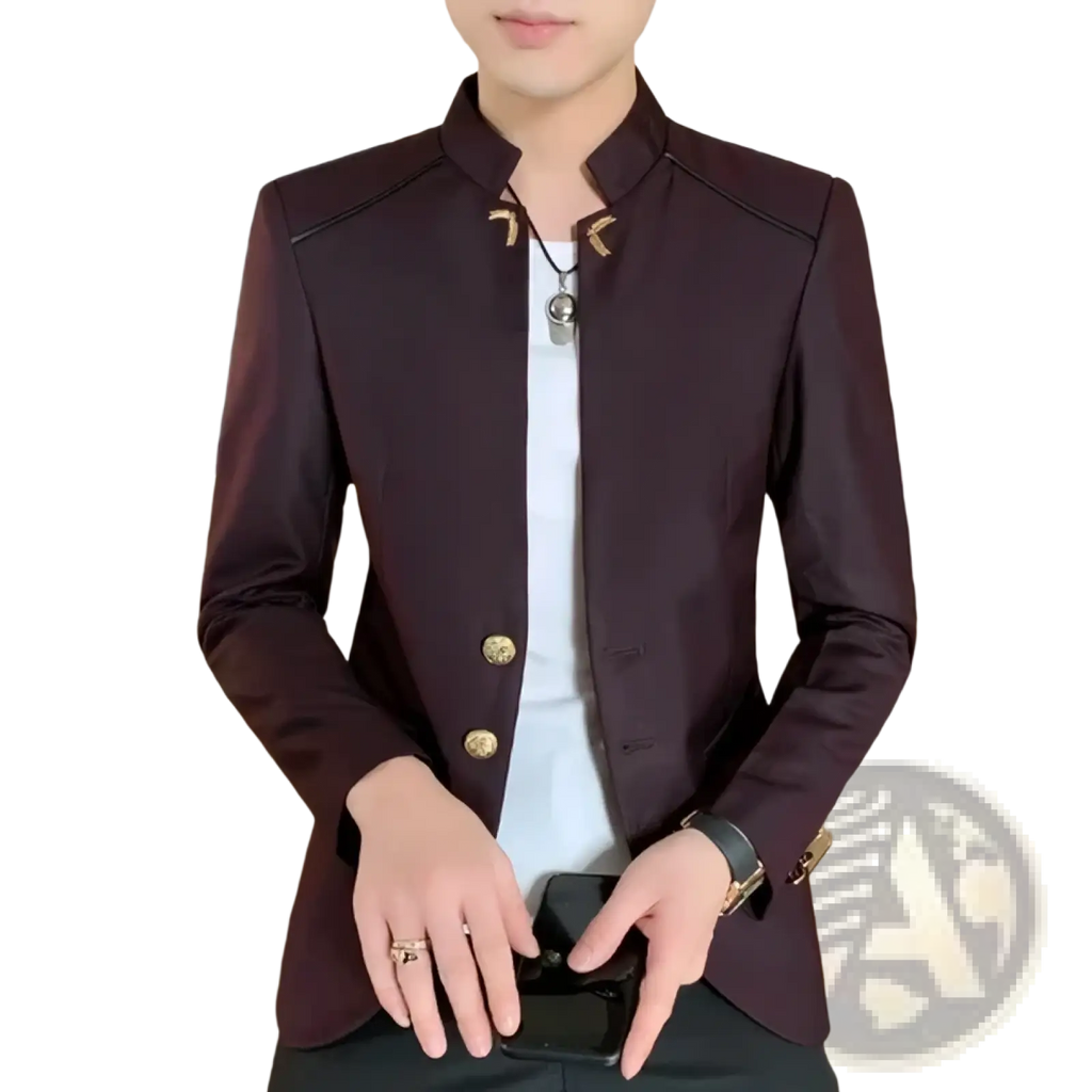 Men mandarin collar blazer in dark burgundy with gold-toned buttons featuring a sleek chinese style suit jacket design