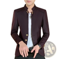 Men mandarin collar blazer in dark burgundy with gold-toned buttons featuring a sleek chinese style suit jacket design