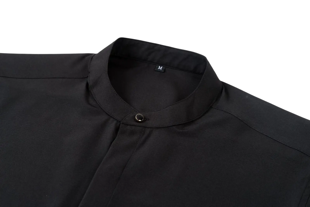 Black men mandarin collar casual long sleeve shirt with stand-up collar and single button closure