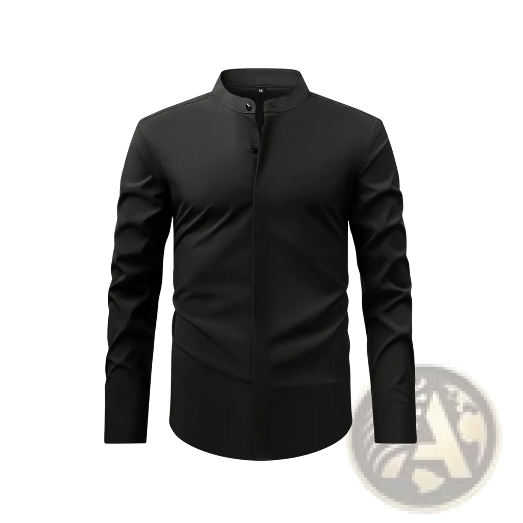 Men mandarin collar casual long sleeve black shirt with stand-up collar and button-front design