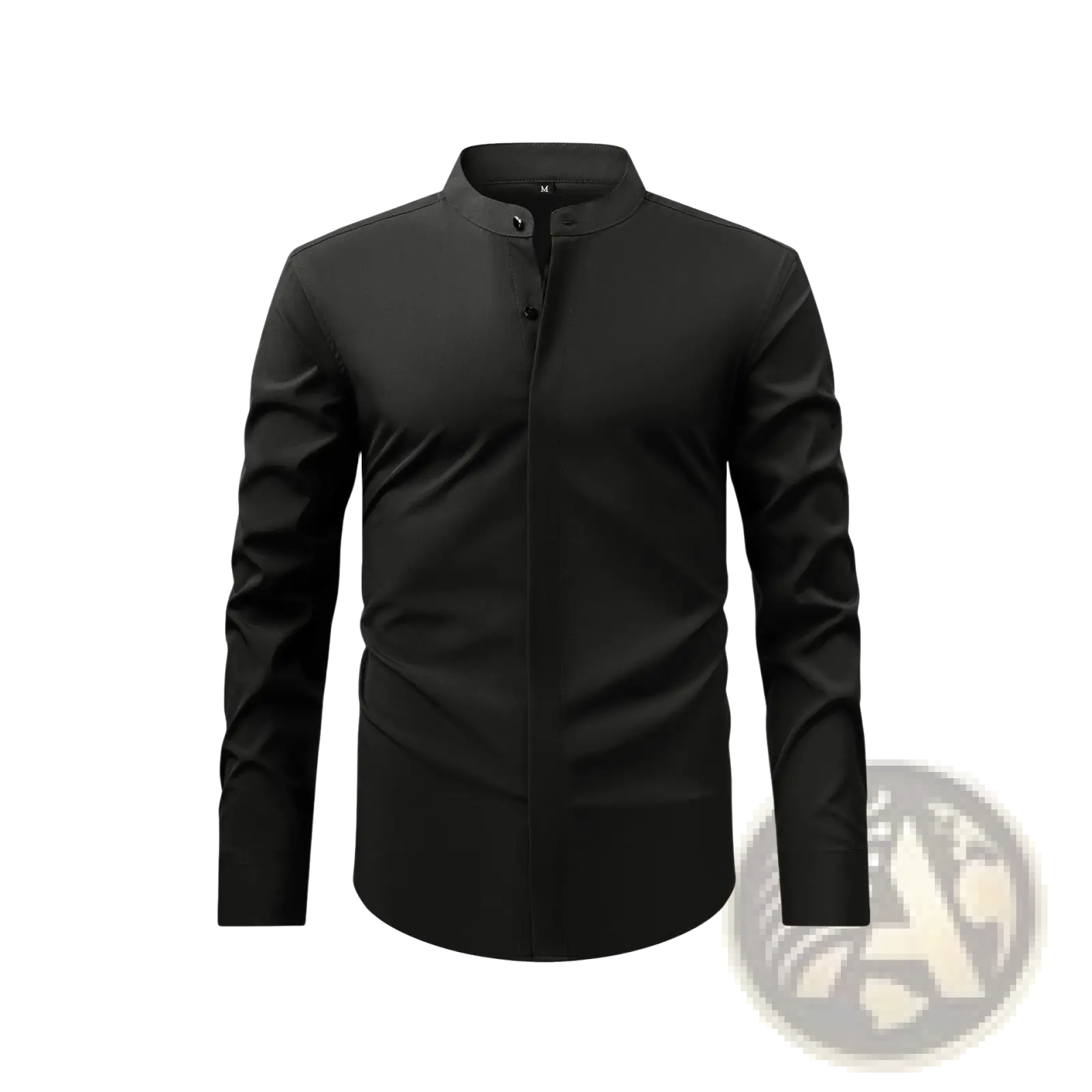 Men mandarin collar casual long sleeve black shirt with stand-up collar and button-front design
