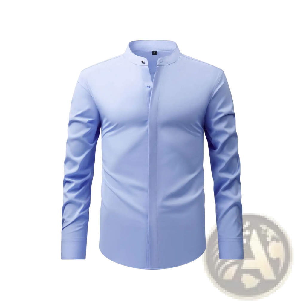Men mandarin collar casual long sleeve shirt in light blue with stand-up collar and button-down front design