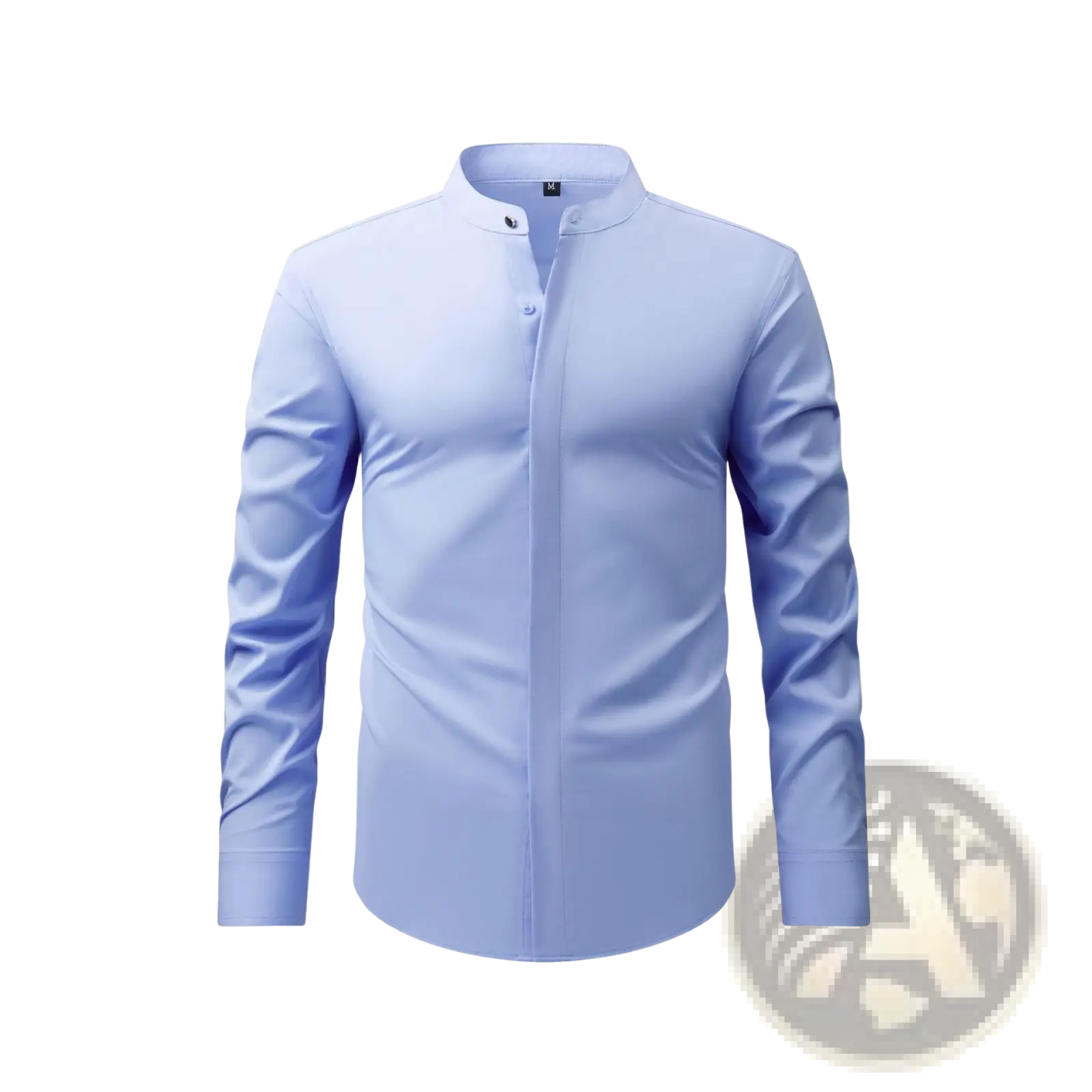 Men mandarin collar casual long sleeve shirt in light blue with stand-up collar and button-down front design