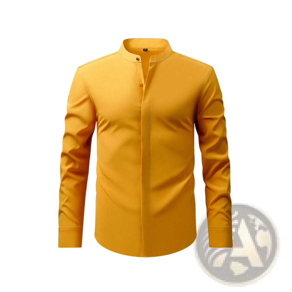 A sleek mustard-yellow men mandarin collar casual long sleeve shirt made from smooth wrinkle-resistant fabric