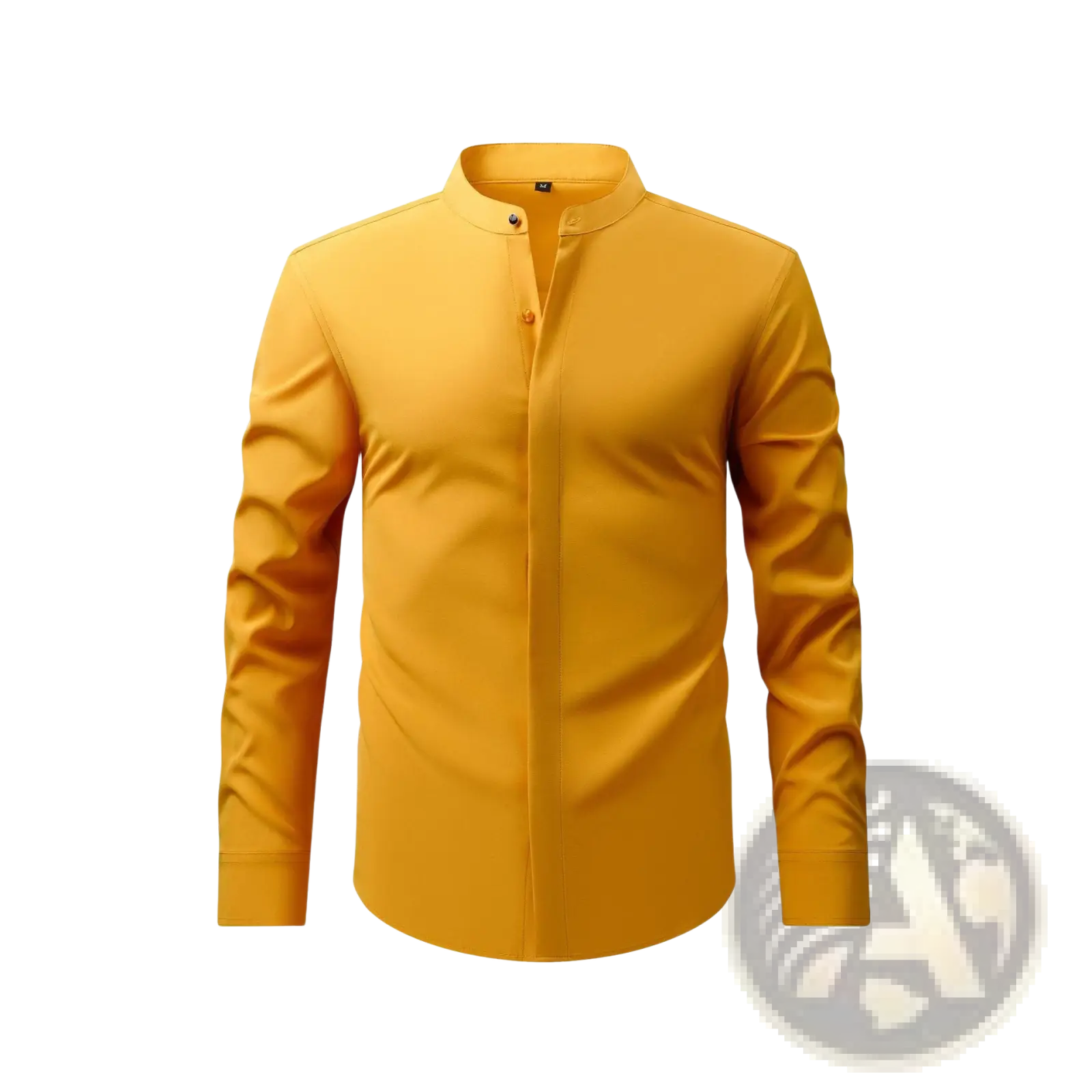 A sleek mustard-yellow men mandarin collar casual long sleeve shirt made from smooth wrinkle-resistant fabric