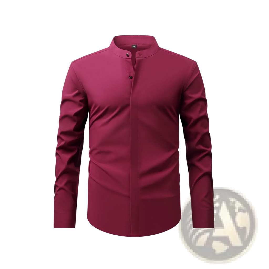 A sleek solid maroon men mandarin collar casual long sleeve shirt with subtle button details and modern design