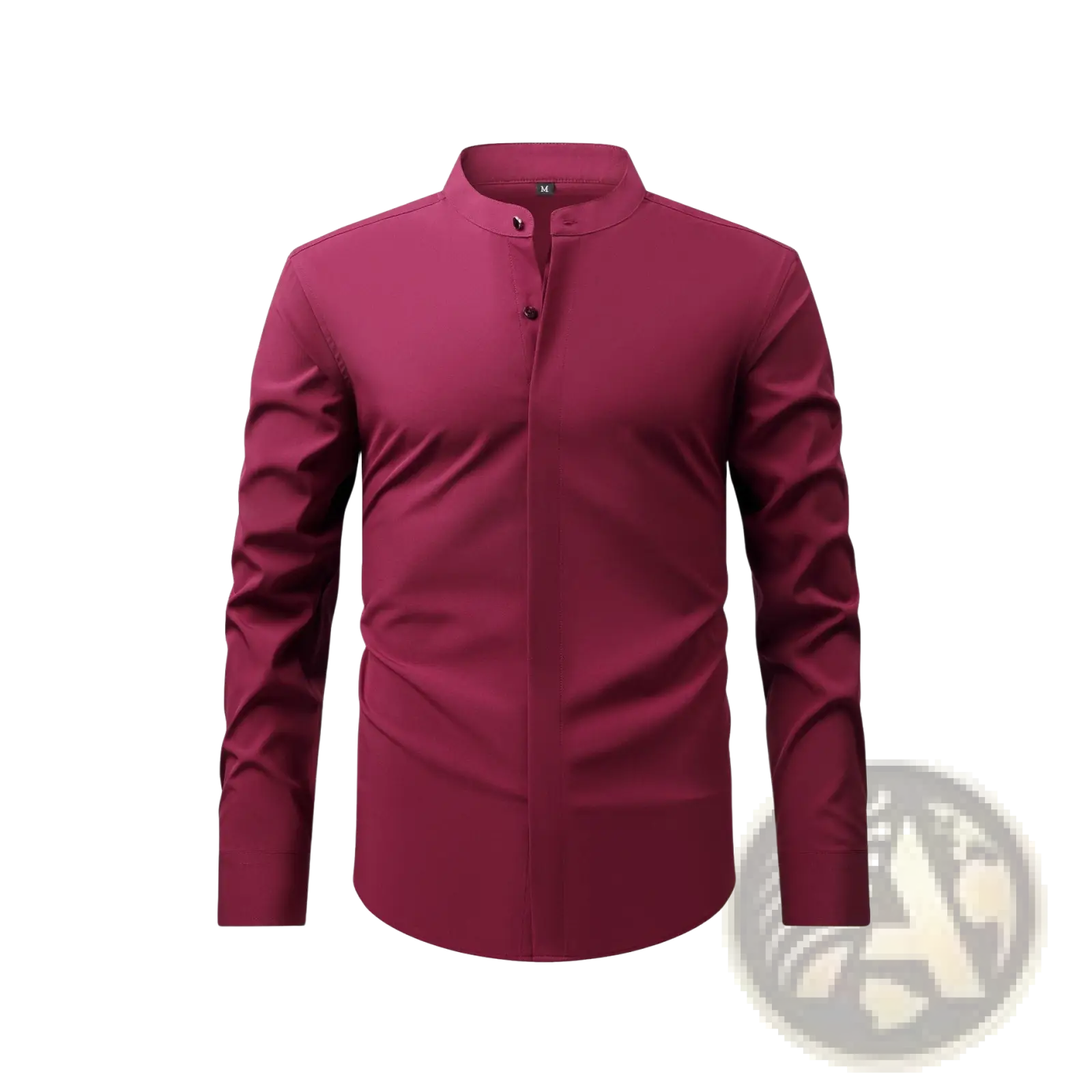 A sleek solid maroon men mandarin collar casual long sleeve shirt with subtle button details and modern design