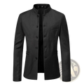 Black men’s modern mandarin collar slim suit jacket with front button closure and tailored fit for formal occasions