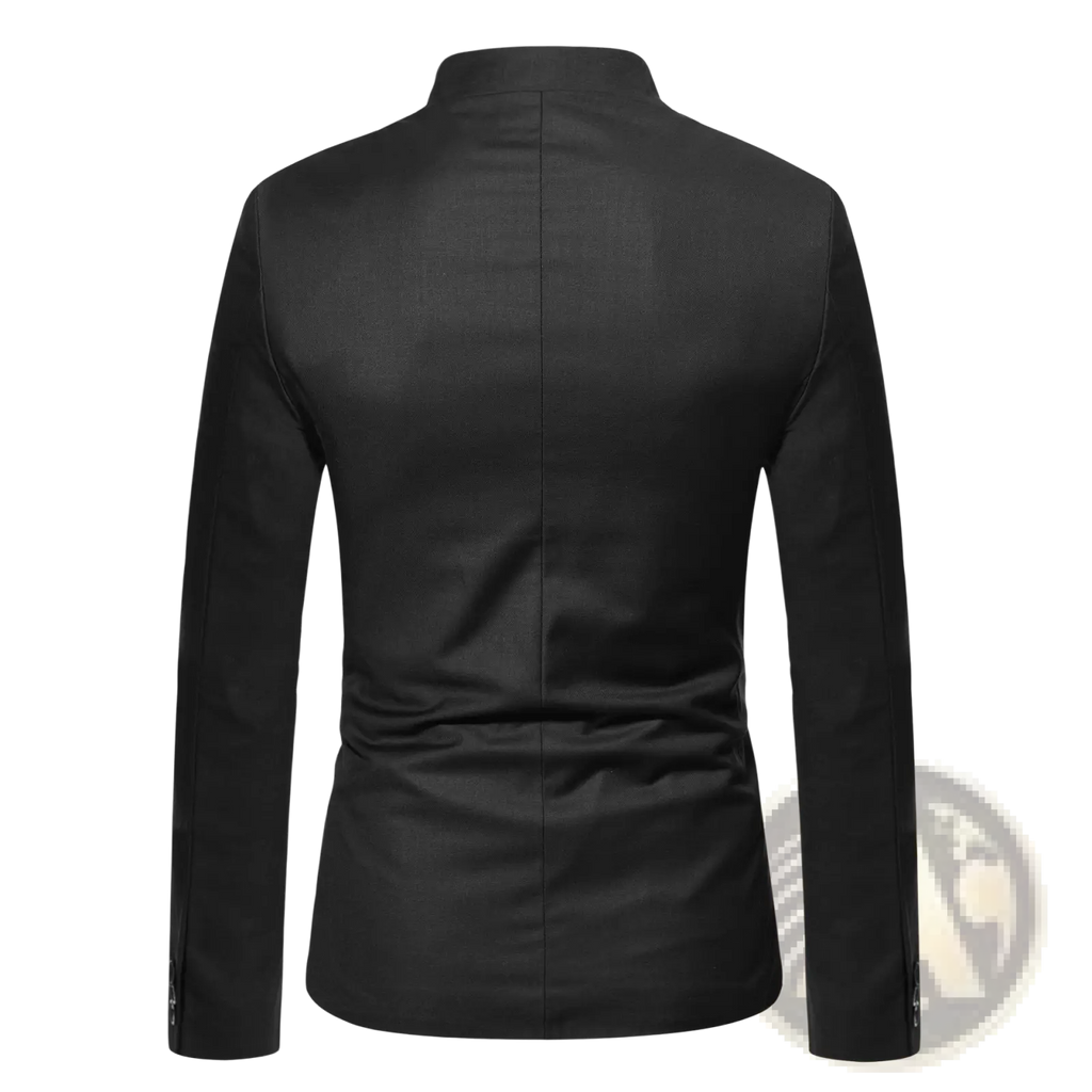 Black men mandarin collar slim suit jacket with sleek tailored fit and subtle sheen for formal occasions