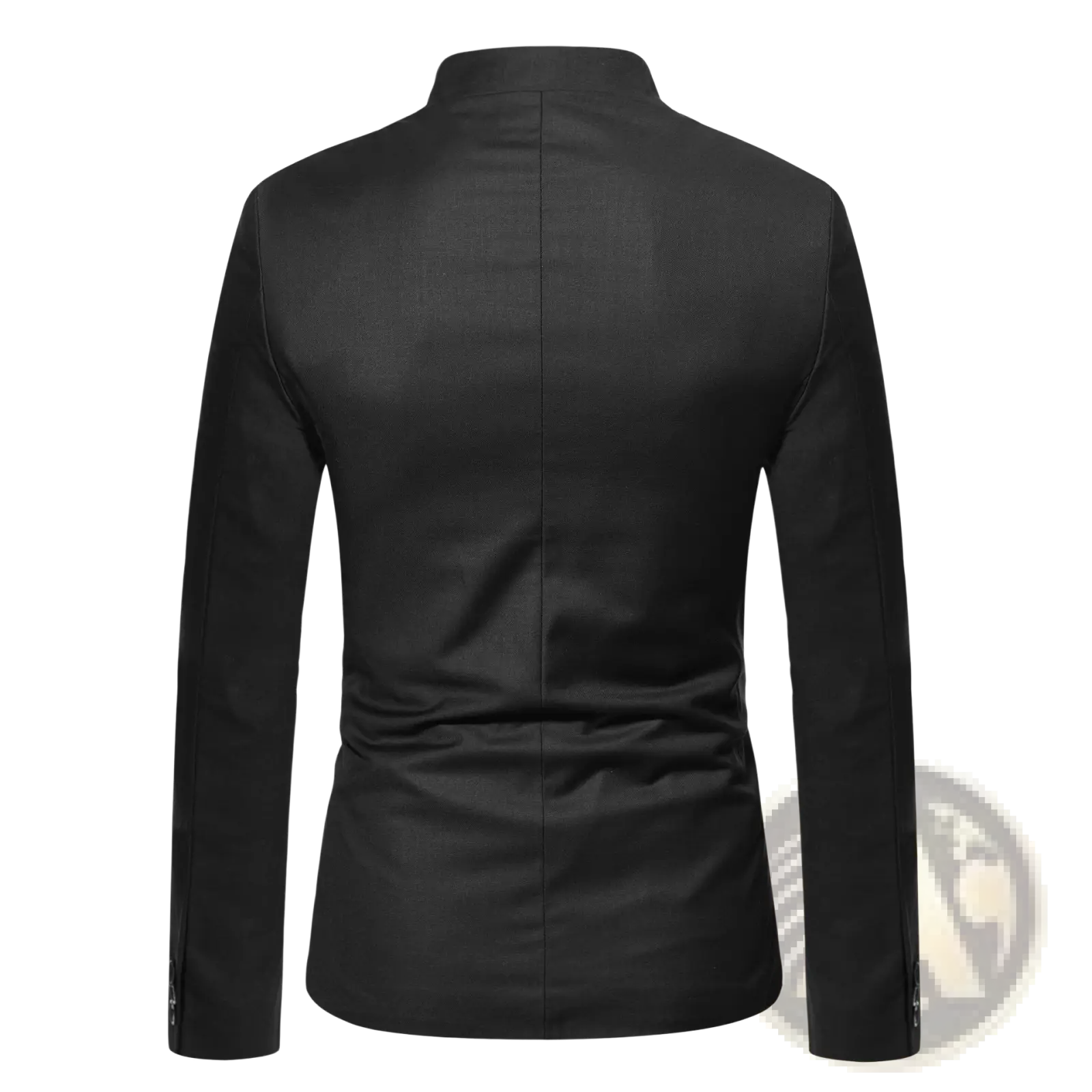 Black men mandarin collar slim suit jacket with sleek tailored fit and subtle sheen for formal occasions