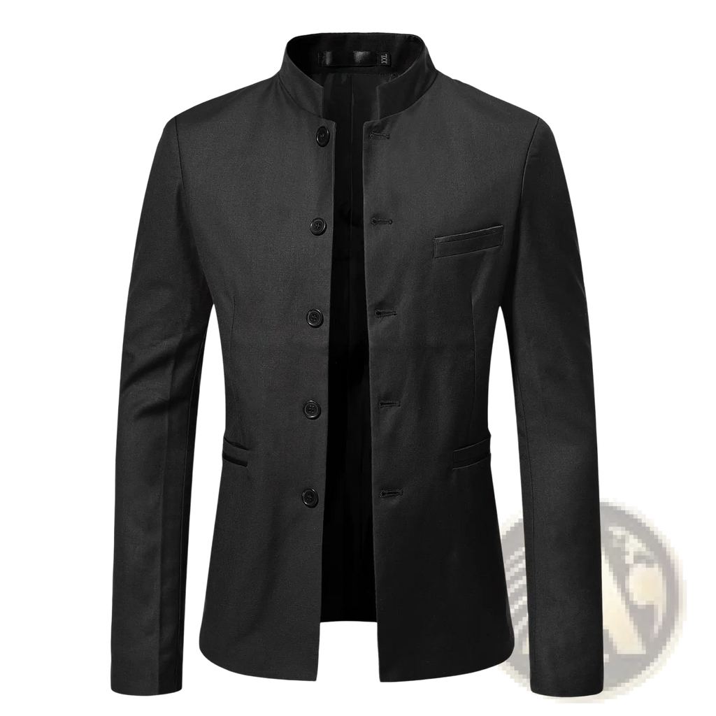 Men mandarin collar slim suit jacket in black featuring modern chinese-style blazer with front button closure