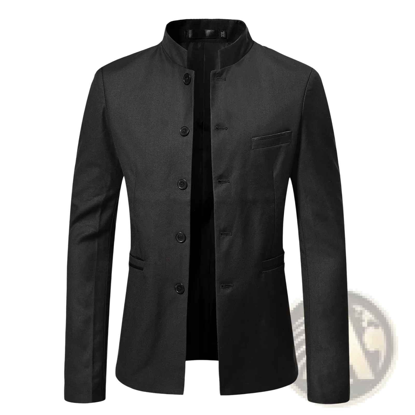 Men mandarin collar slim suit jacket in black featuring modern chinese-style blazer with front button closure