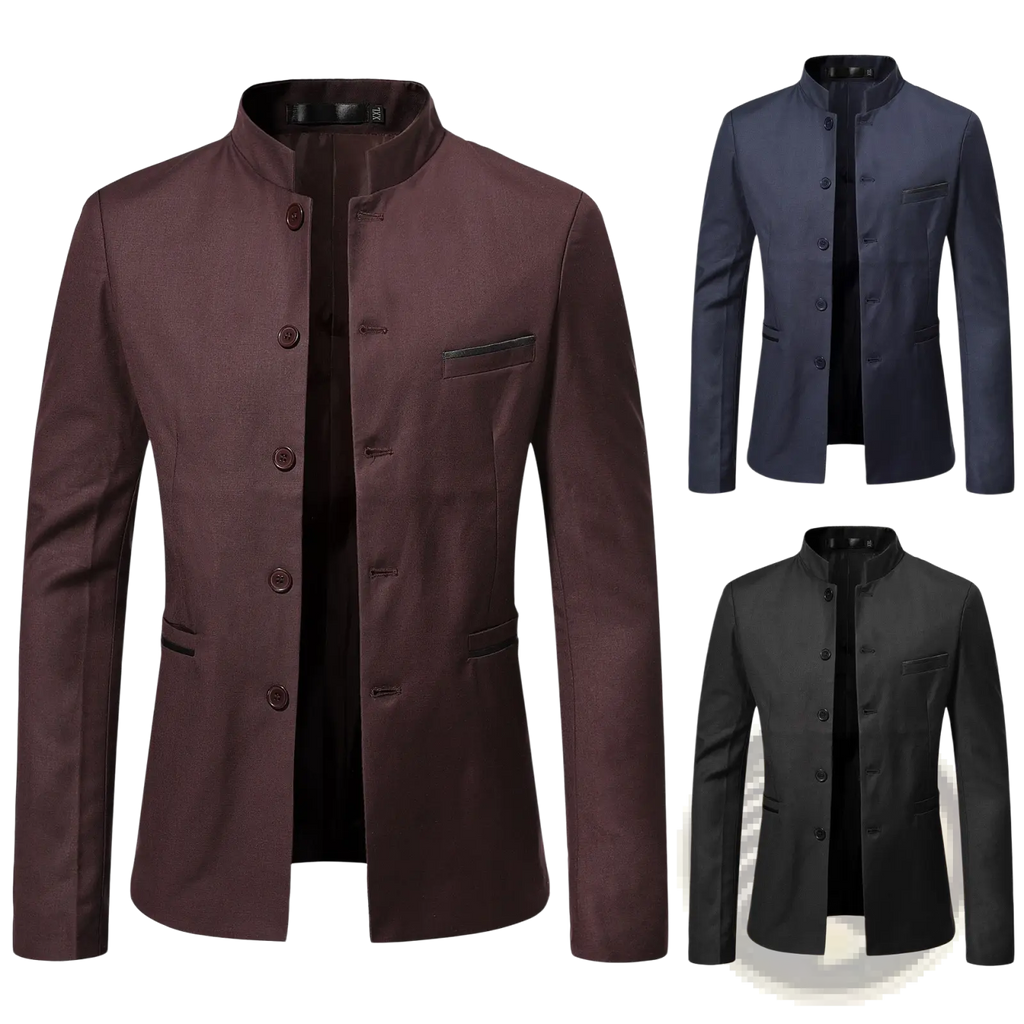 Men mandarin collar slim suit jacket in brown with black trim and dark brown buttons for formal occasions