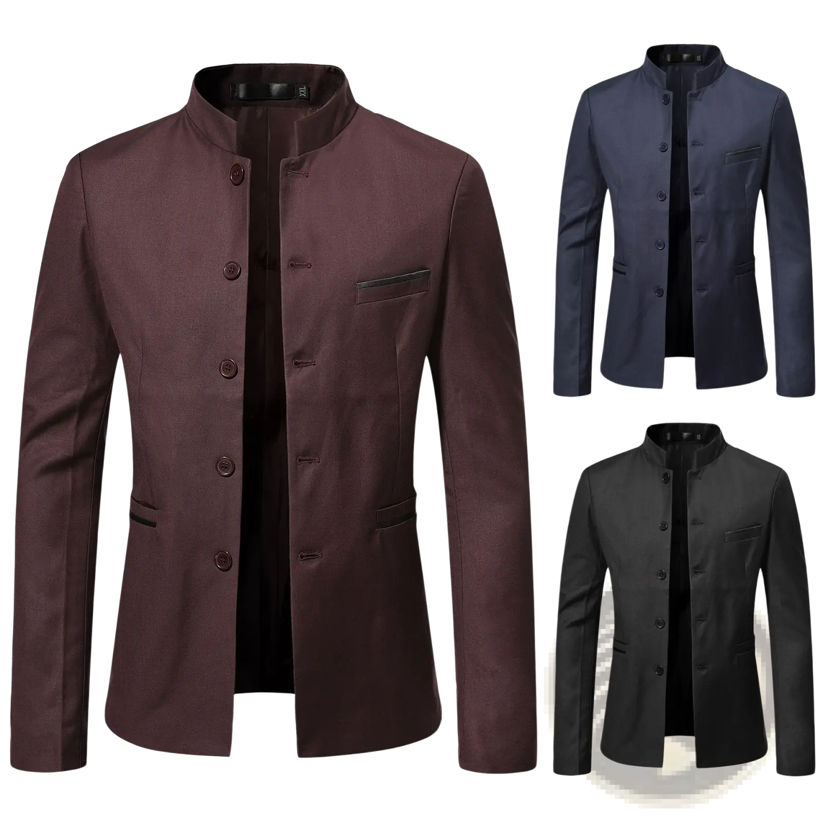 Men mandarin collar slim suit jacket in brown with black trim and dark brown buttons for formal occasions