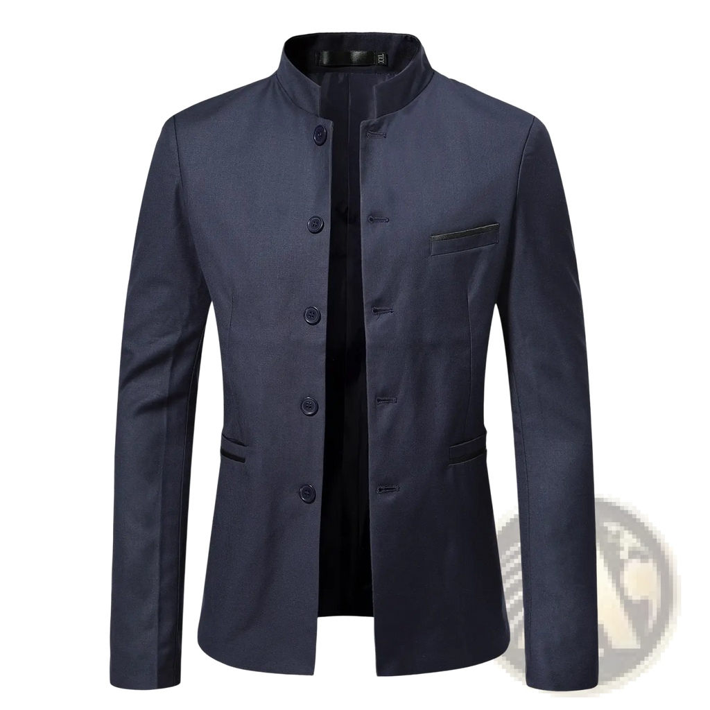 Navy blue men mandarin collar slim suit jacket featuring modern chinese-style design and matching buttons