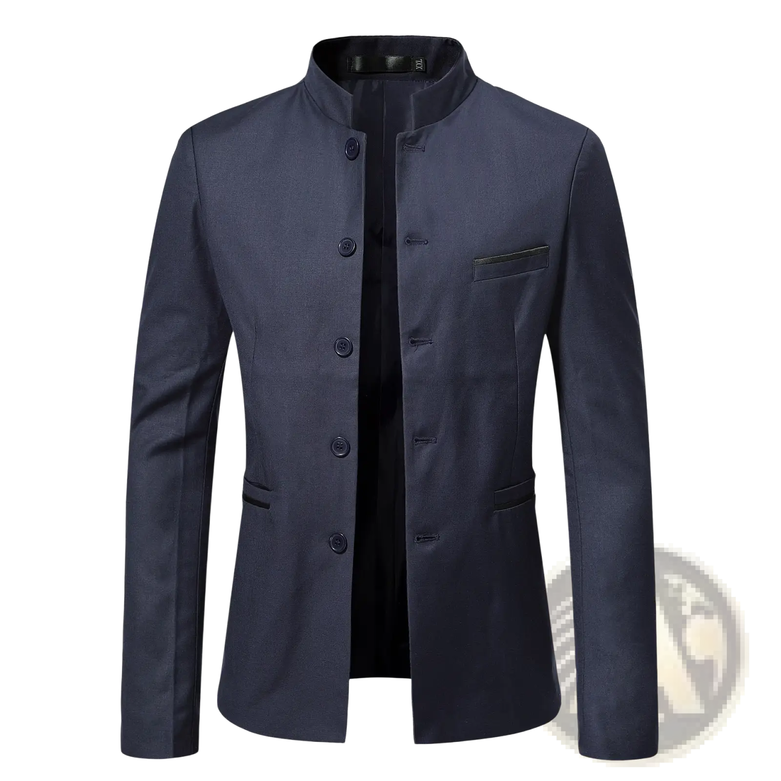Navy blue men mandarin collar slim suit jacket featuring modern chinese-style design and matching buttons