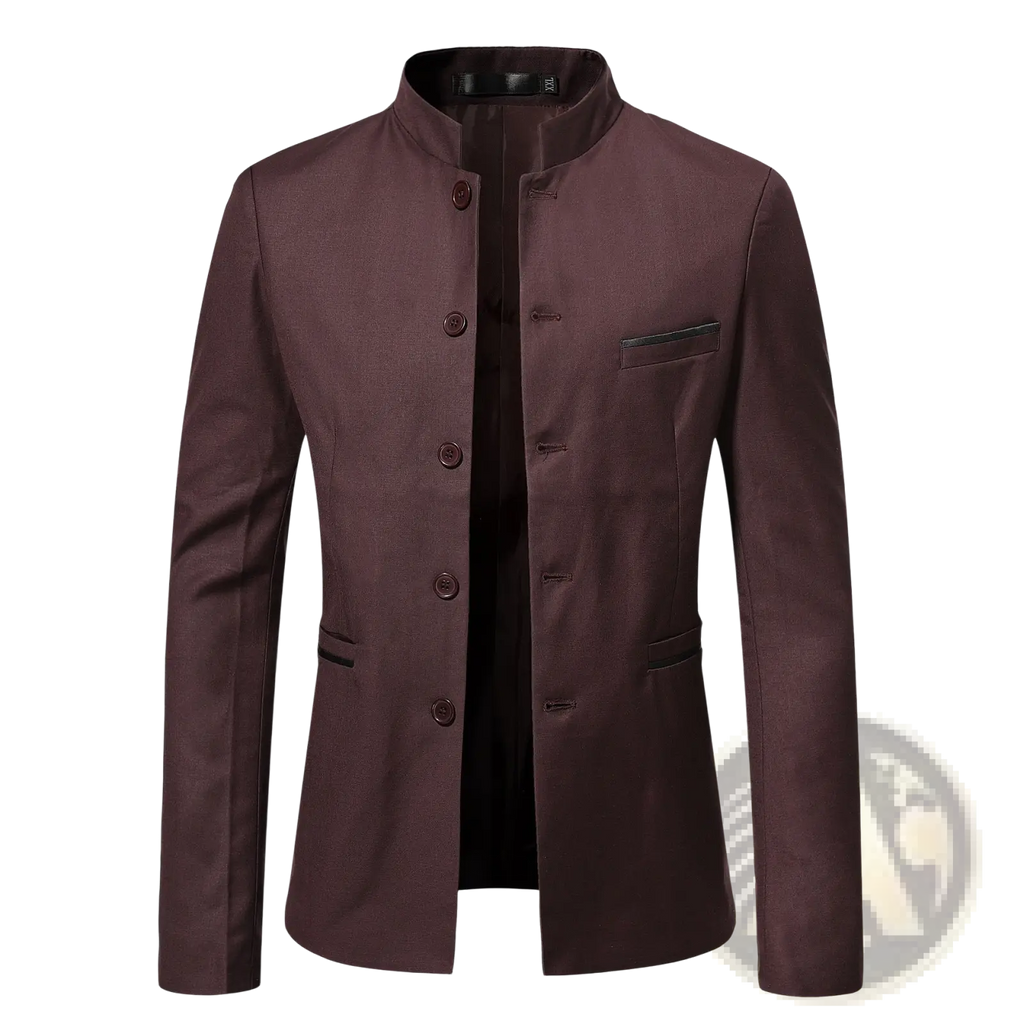 A sleek dark burgundy men mandarin collar slim suit jacket with matching buttons for formal occasions