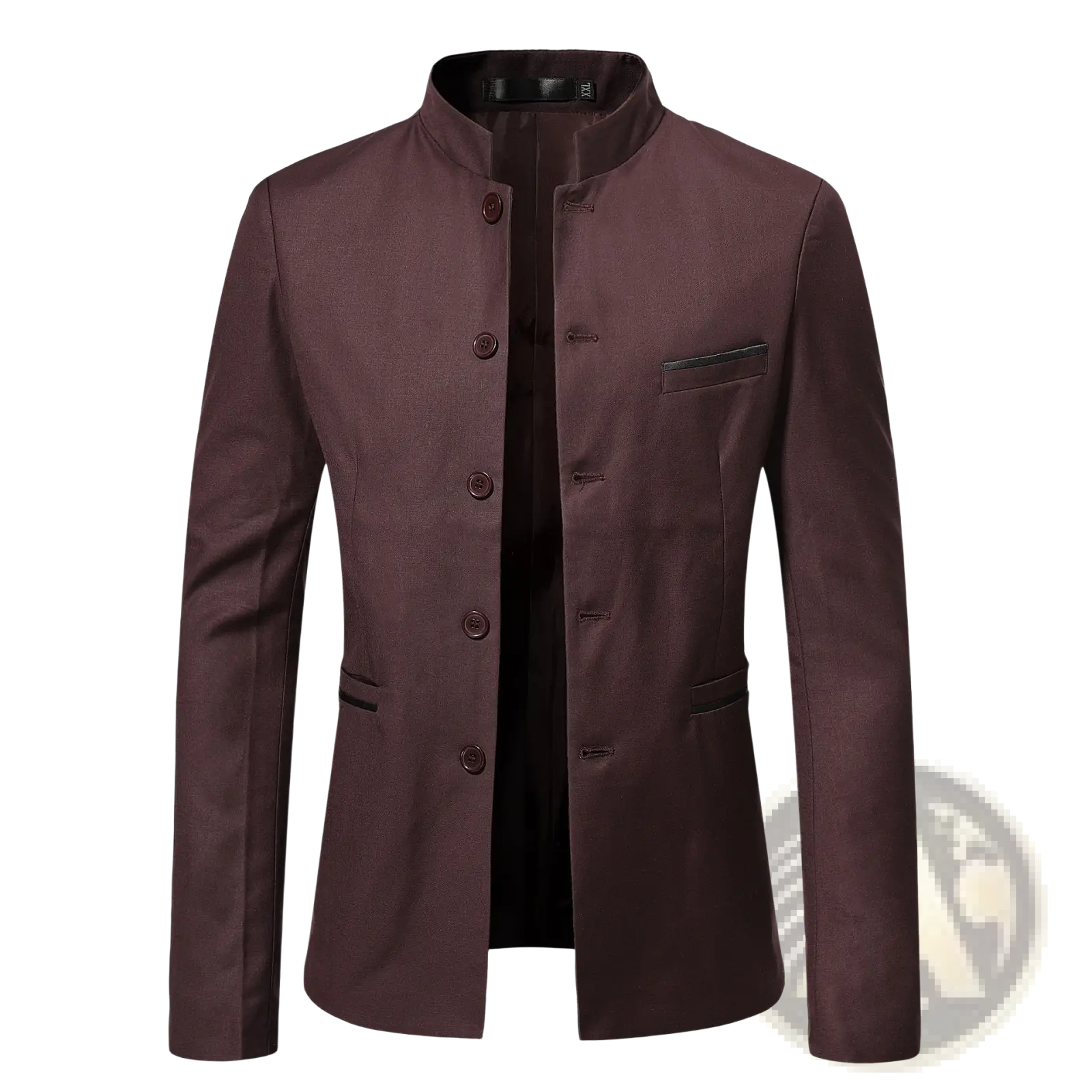 A sleek dark burgundy men mandarin collar slim suit jacket with matching buttons for formal occasions