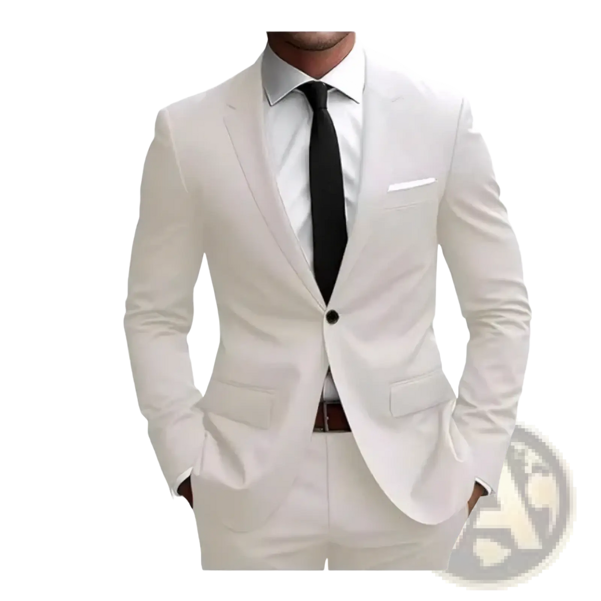 A crisp white men’s suit with single-button closure and matching trousers in men maroon single breasted formal suit set