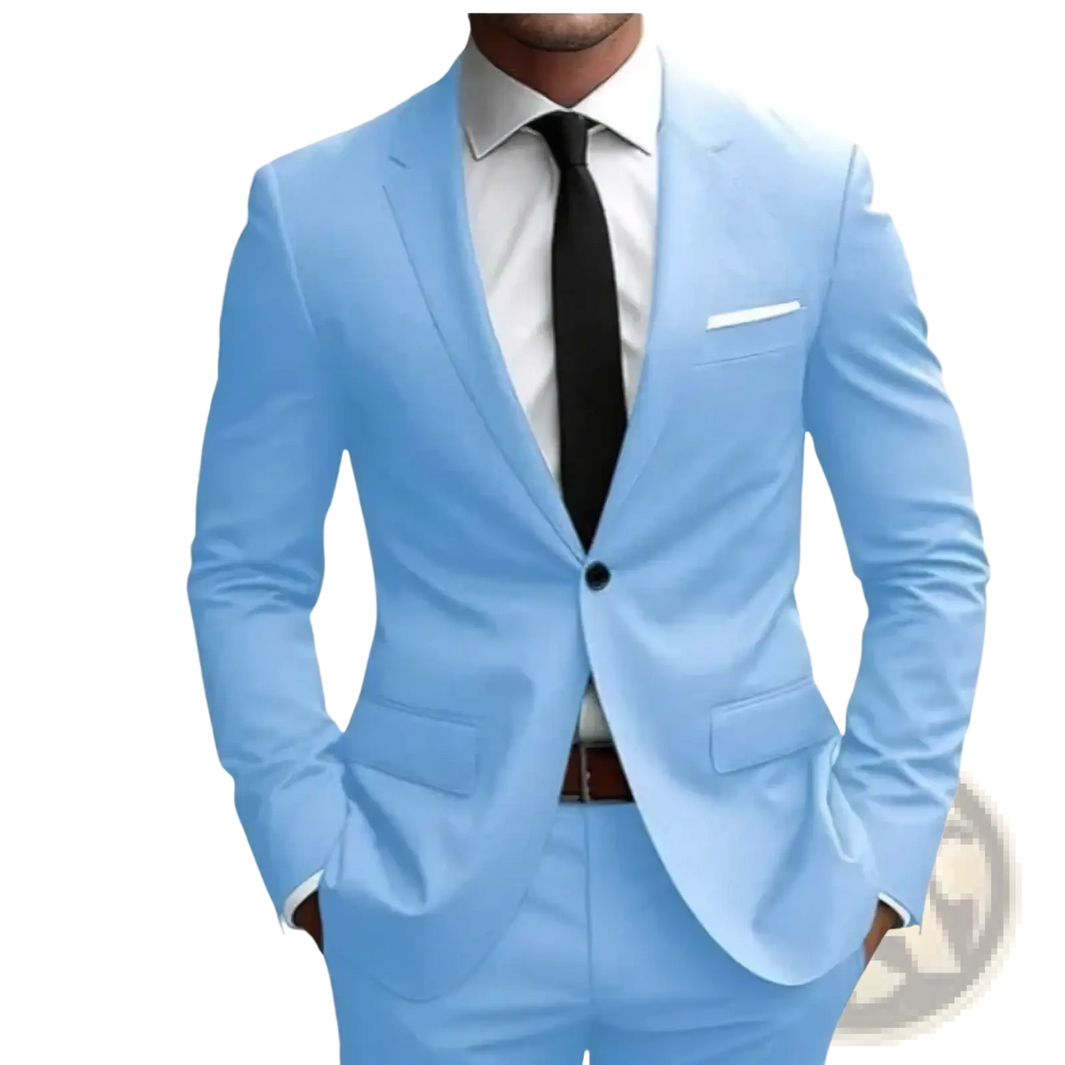 Men maroon single breasted formal suit set featuring a light blue tailored suit with black button and white pocket square
