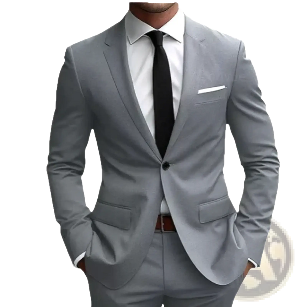 Men maroon single breasted formal suit set featuring a sleek tailored gray suit with notched lapels