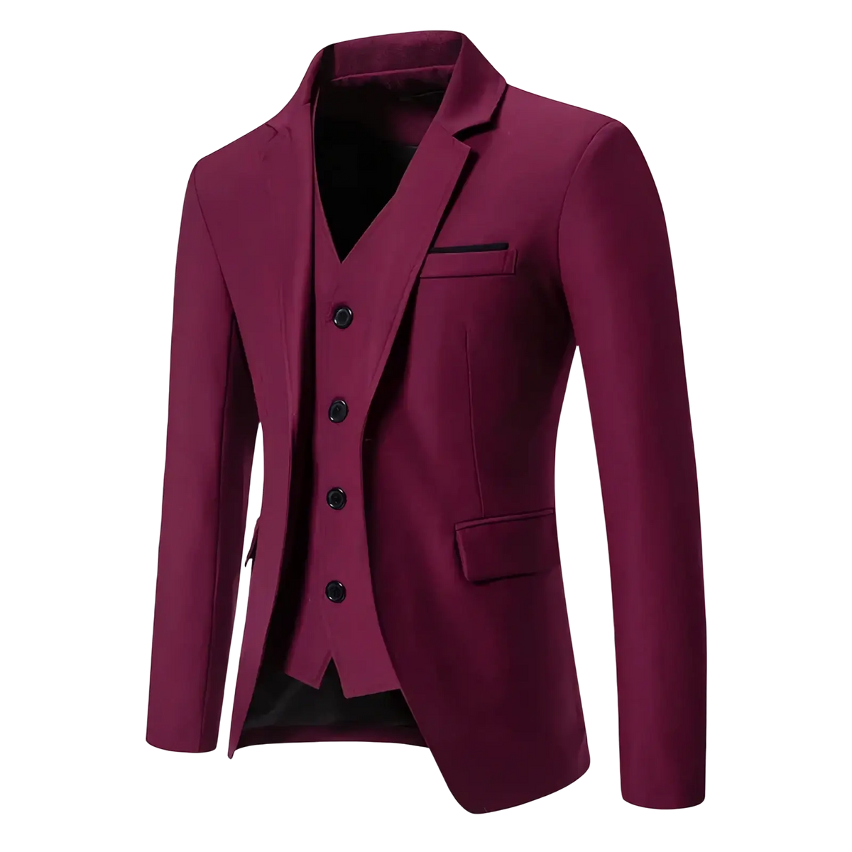 Men maroon three-piece suit with matching blazer vest and trousers for formal wedding occasions