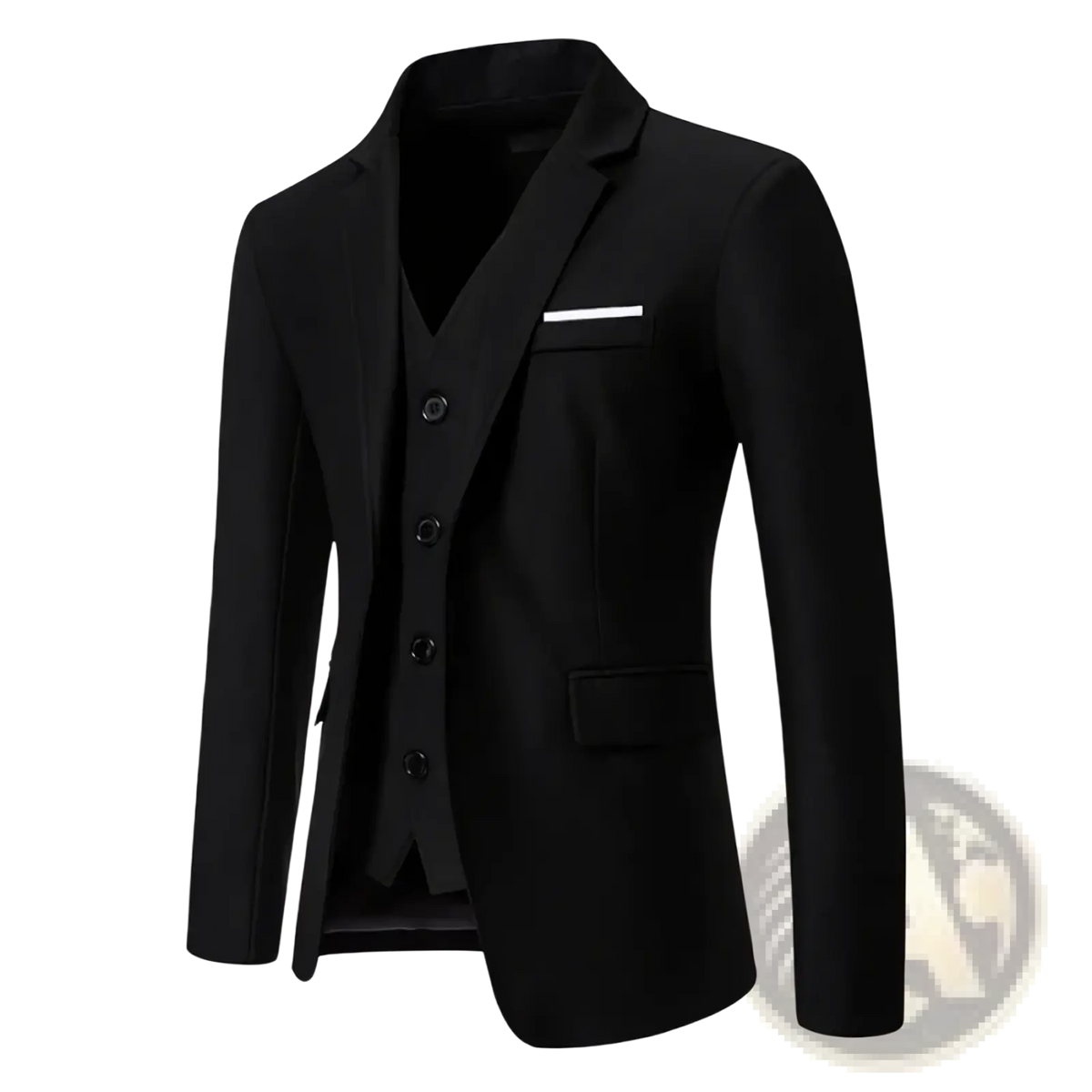 Black btsukimi men’s blazer with sleek tailored fit and subtle white pocket square accent for formal wedding wear