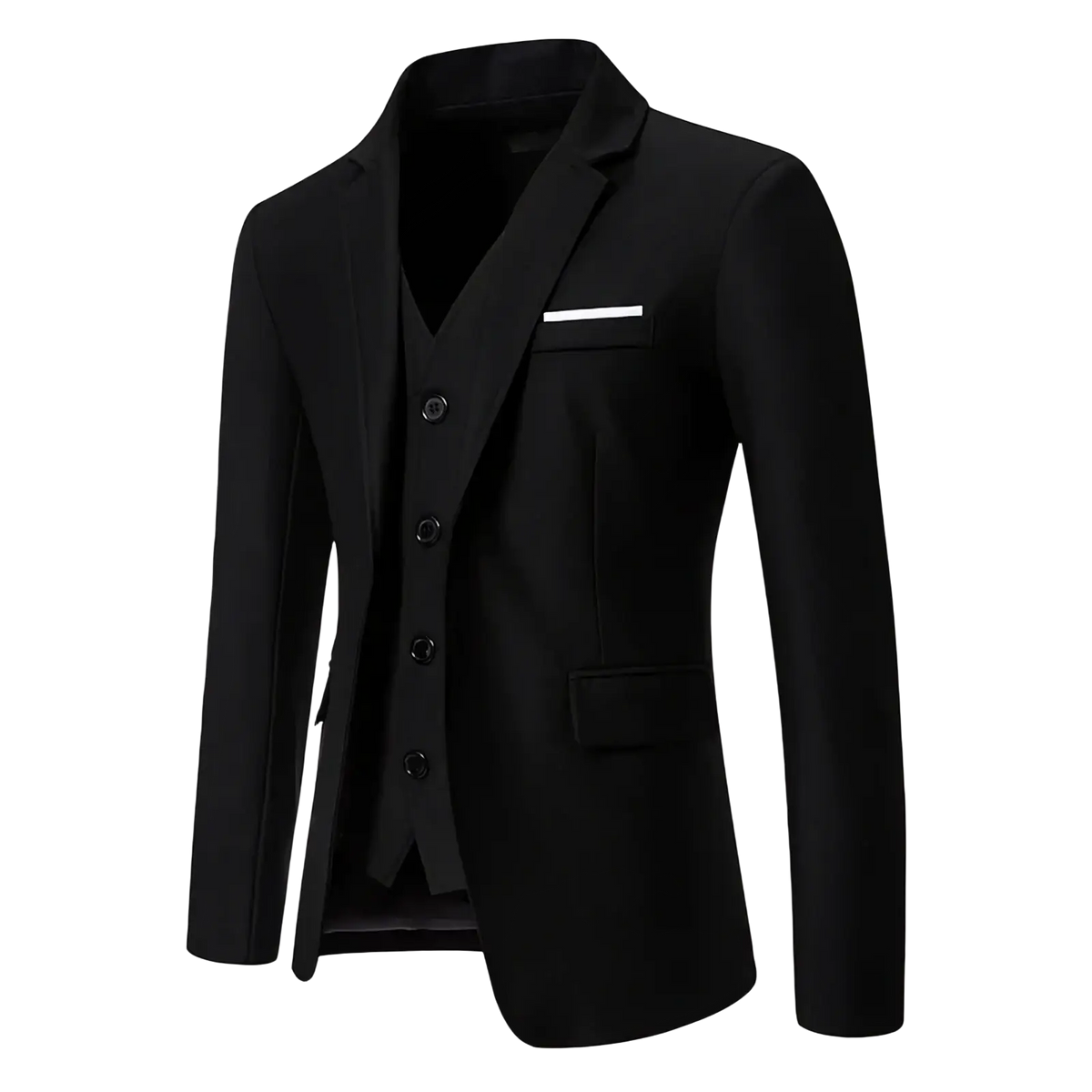 Black tailored blazer with notched lapel and matching vest featuring white pocket square for men maroon three-piece suit formal wedding blazer
