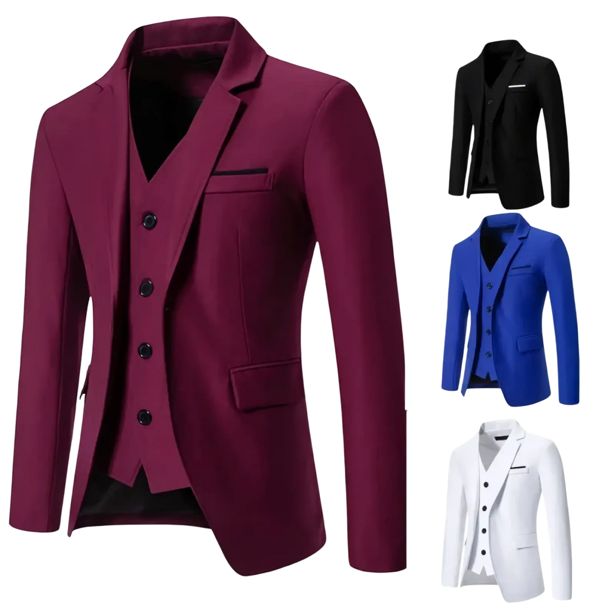 Men maroon three-piece suit with black buttons and matching vest formal wedding blazer in tailored fabric