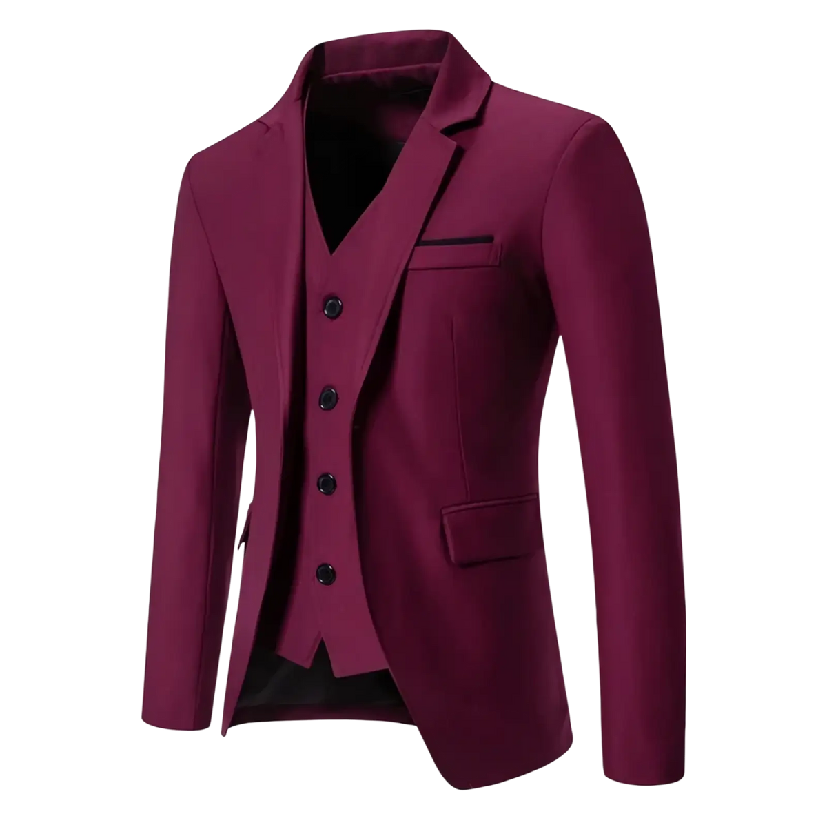 Men maroon three-piece suit with black buttons and matching vest for formal wedding occasions