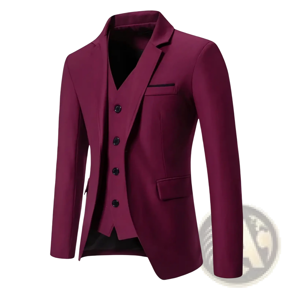 Men maroon three-piece suit with black buttons and matching vest for formal wedding occasions