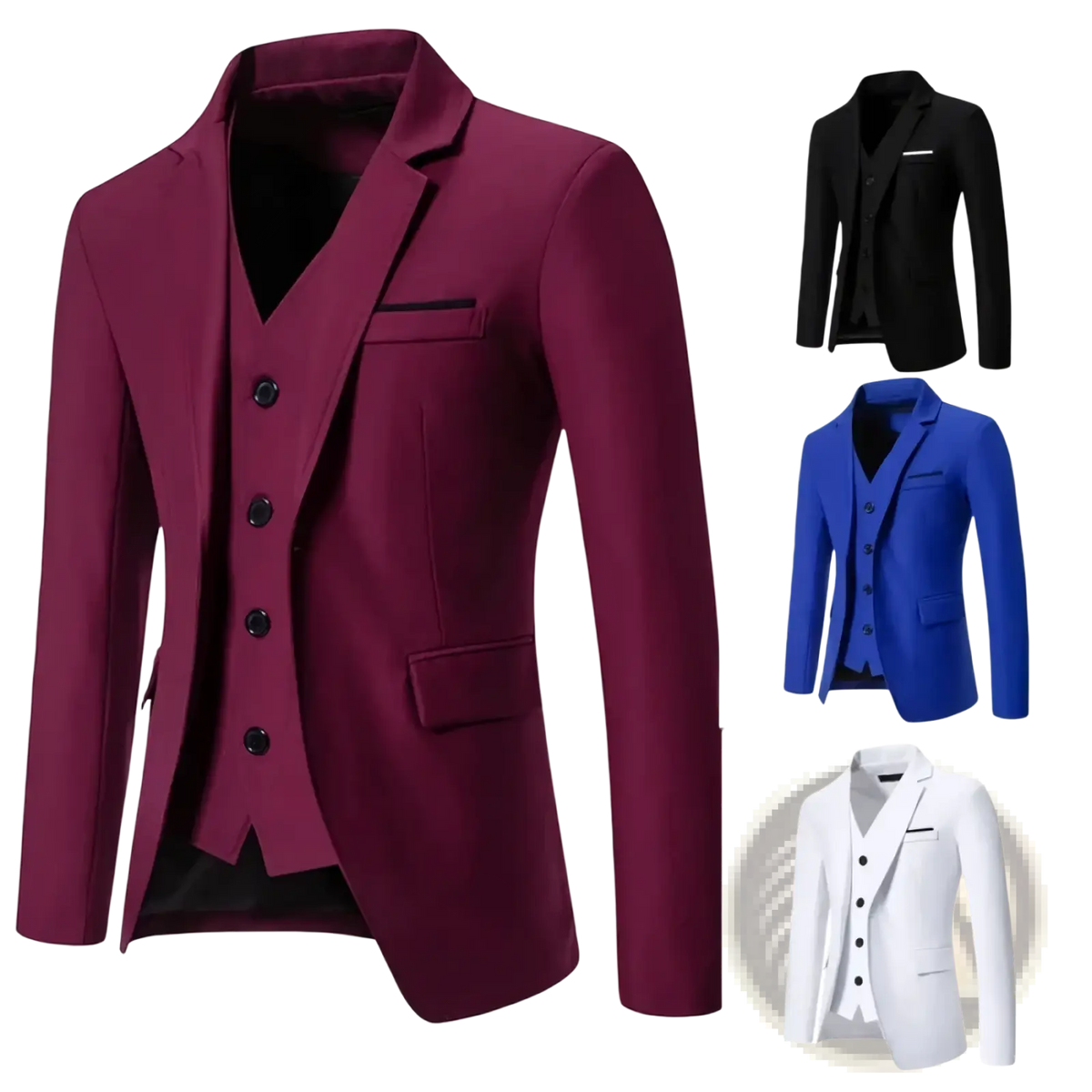 Men maroon three-piece suit with black buttons and matching vest formal wedding blazer in tailored fabric
