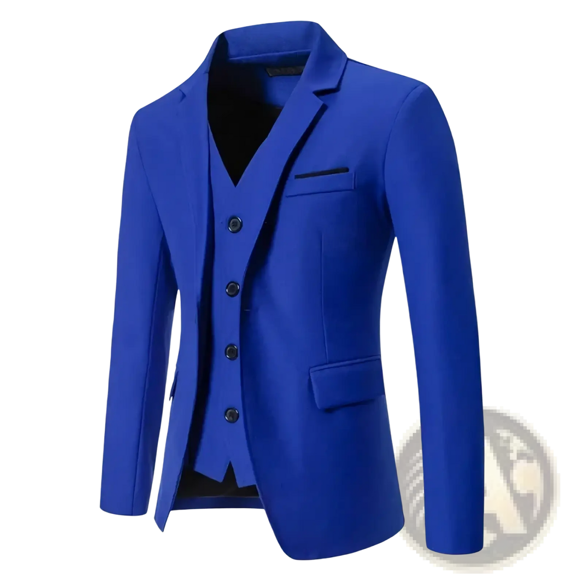 Royal blue btsukimi men’s blazer with black buttons and matching vest featured in men maroon three-piece formal wedding suit