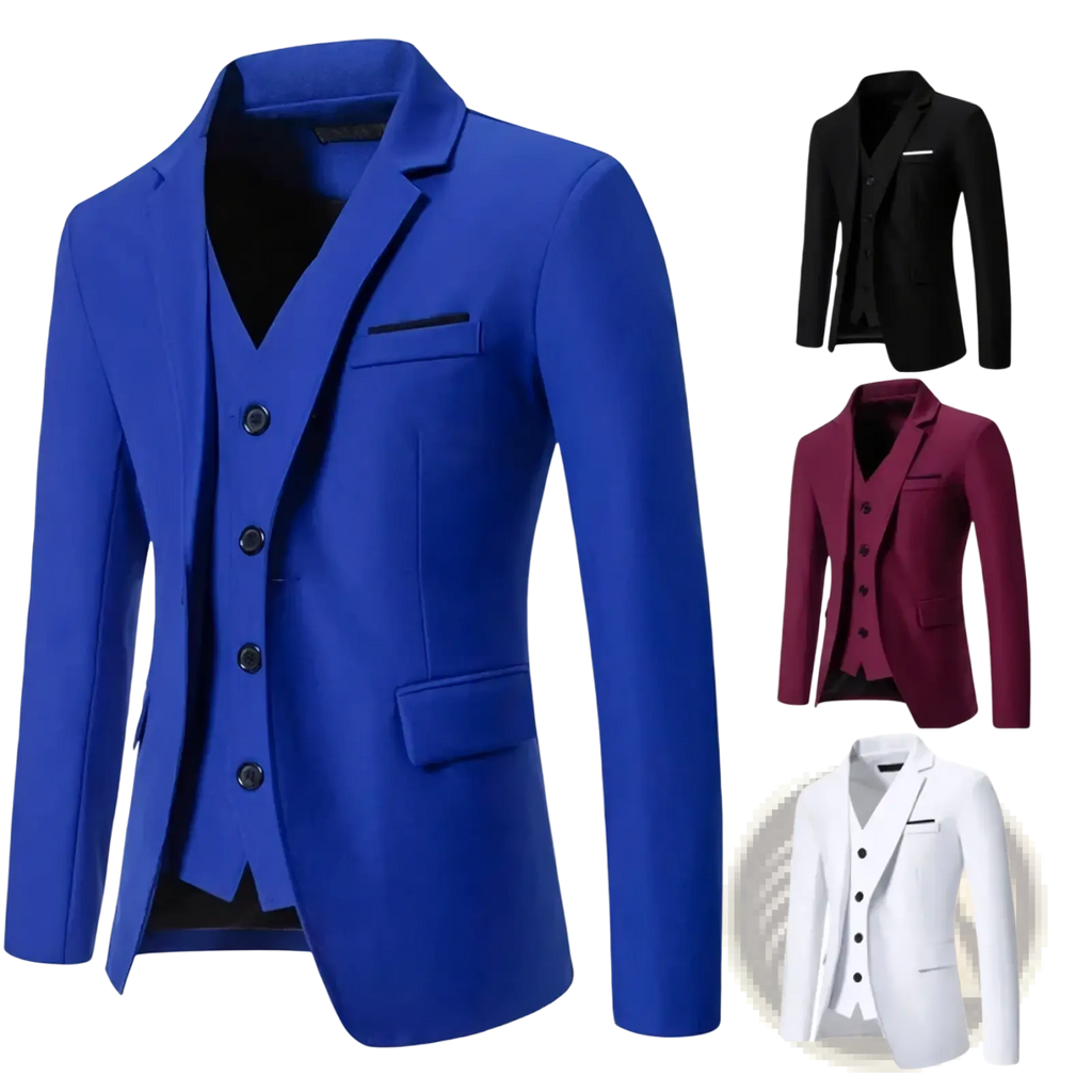 Vibrant royal blue three-piece suit with sleek tailored fit and matching buttons for formal wedding occasions