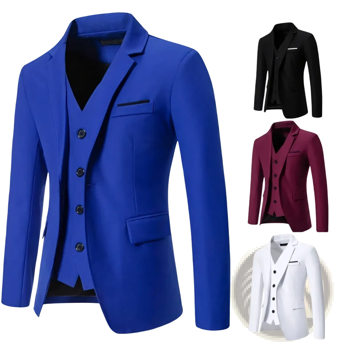 Vibrant royal blue three-piece suit with sleek tailored fit and matching buttons for formal wedding occasions