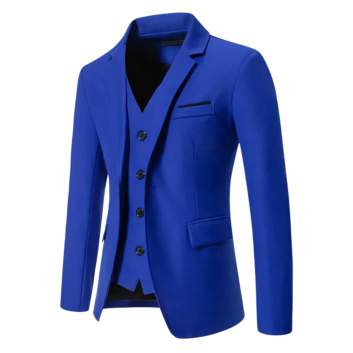 Vibrant royal blue tailored blazer with black button accents and matching vest in men maroon three-piece suit formal wedding blazer