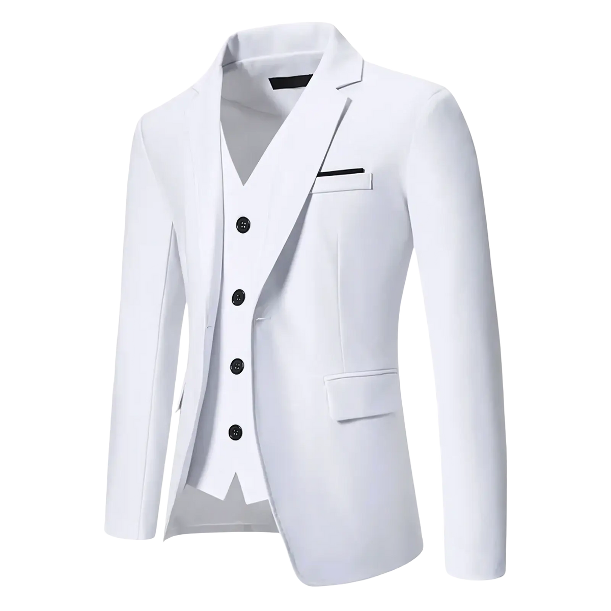 White three-piece suit with black buttons and subtle contrast stitching for formal wedding wear