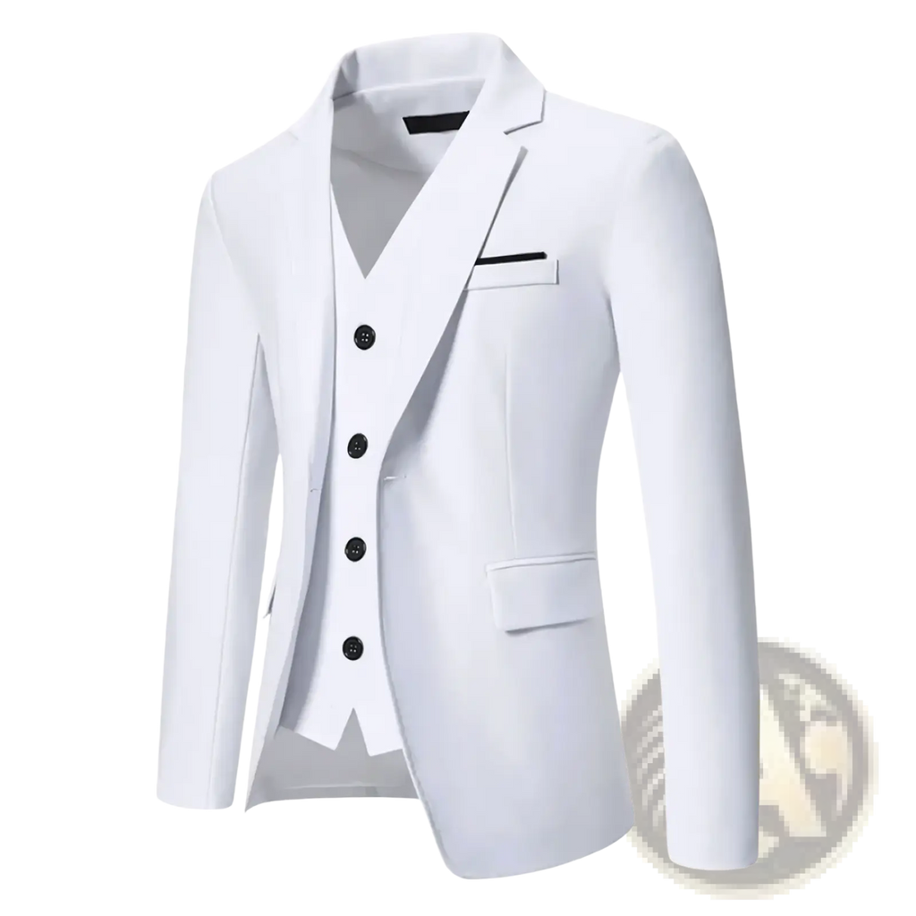 Men maroon three-piece suit with white btsukimi fabric black buttons and trim formal wedding blazer design