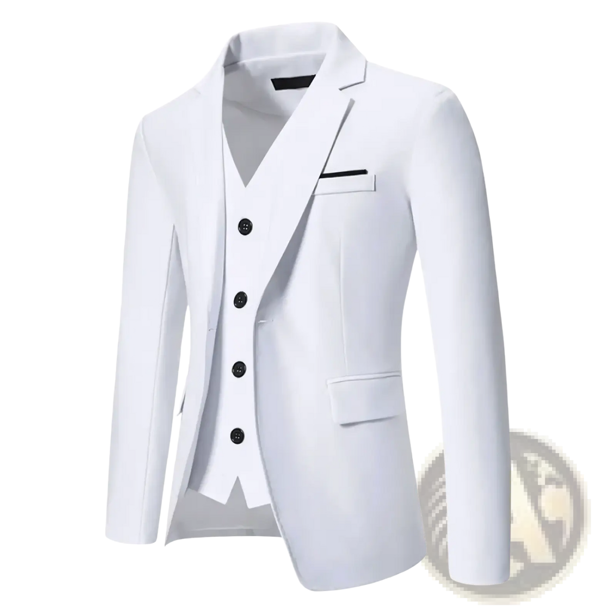 Men maroon three-piece suit with white btsukimi fabric black buttons and trim formal wedding blazer design