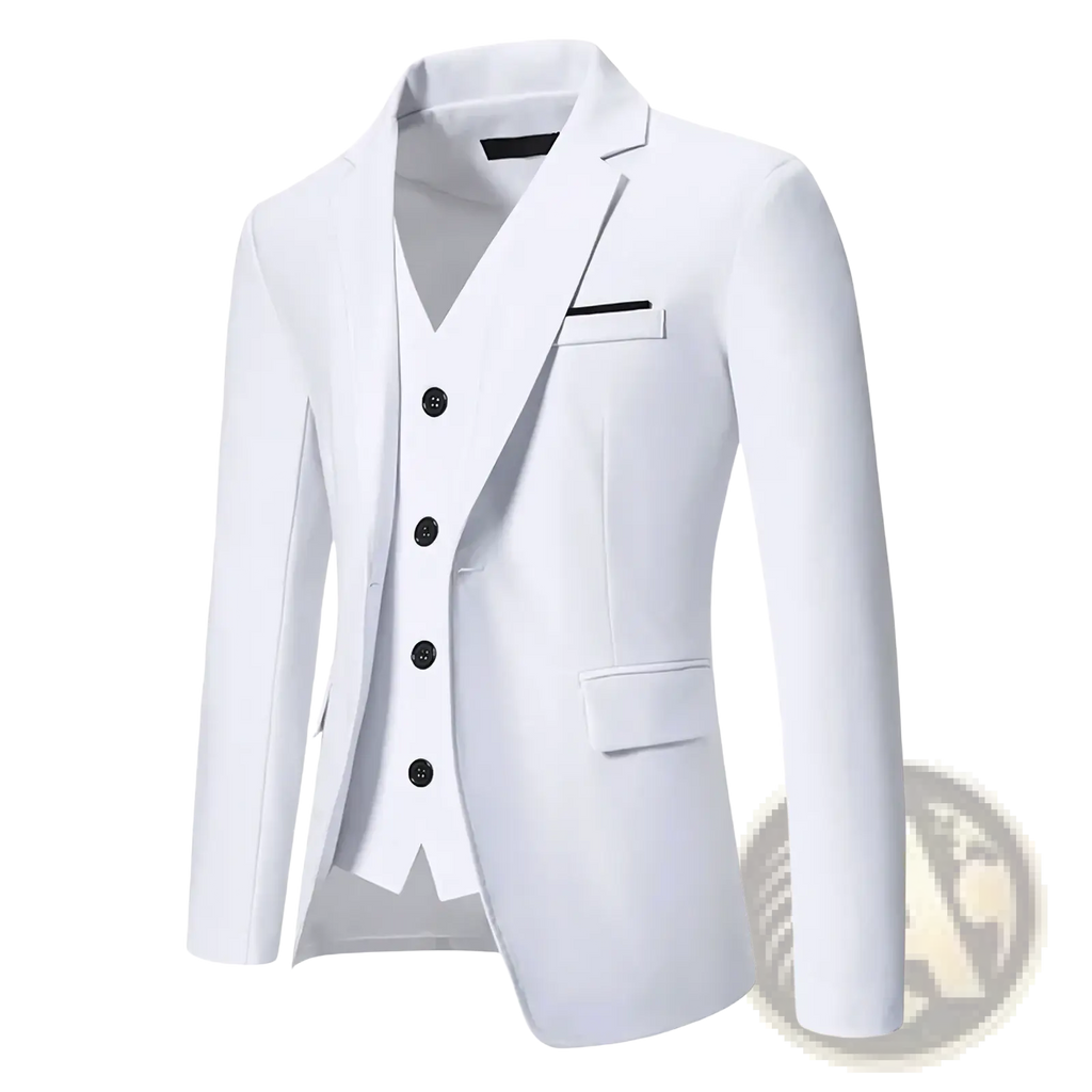 White three-piece suit with black buttons and subtle contrast stitching for formal wedding wear