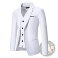 White three-piece suit with black buttons and subtle contrast stitching for formal wedding wear