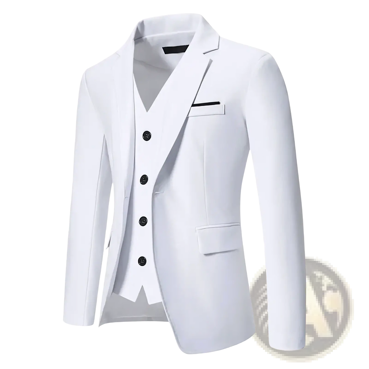 White three-piece suit with black buttons and subtle contrast stitching for formal wedding wear