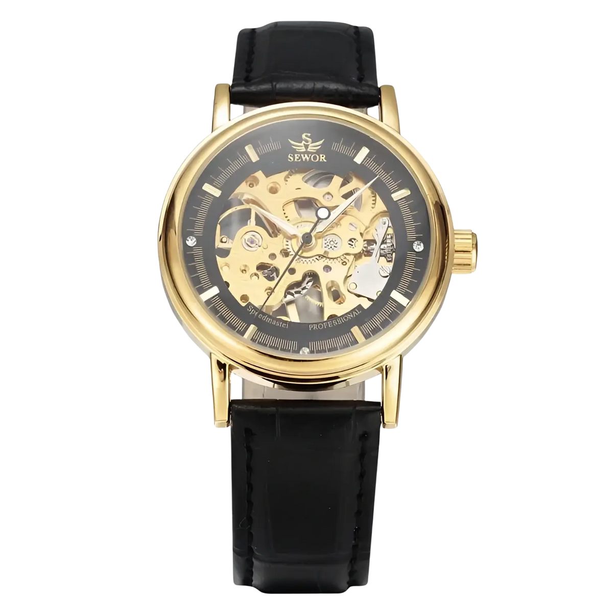 Men mechanical skeleton watch with gold-toned case, black pu leather band, and visible internal gears