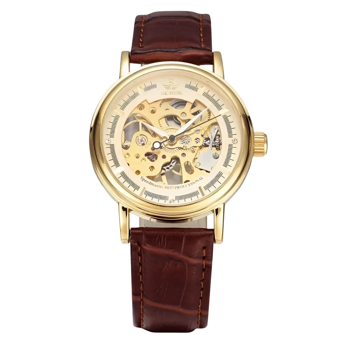 Men mechanical skeleton watch with gold-toned case brown crocodile-pattern pu leather band and visible gears