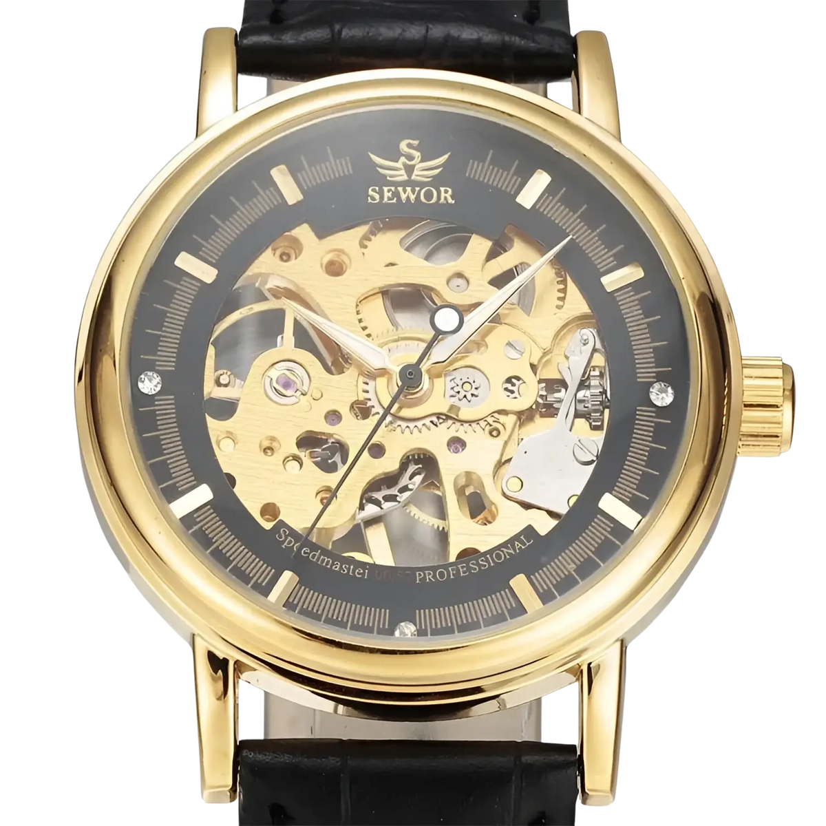 Men mechanical skeleton watch with gold-tone case black dial exposed gears diamond hour markers and pu leather band