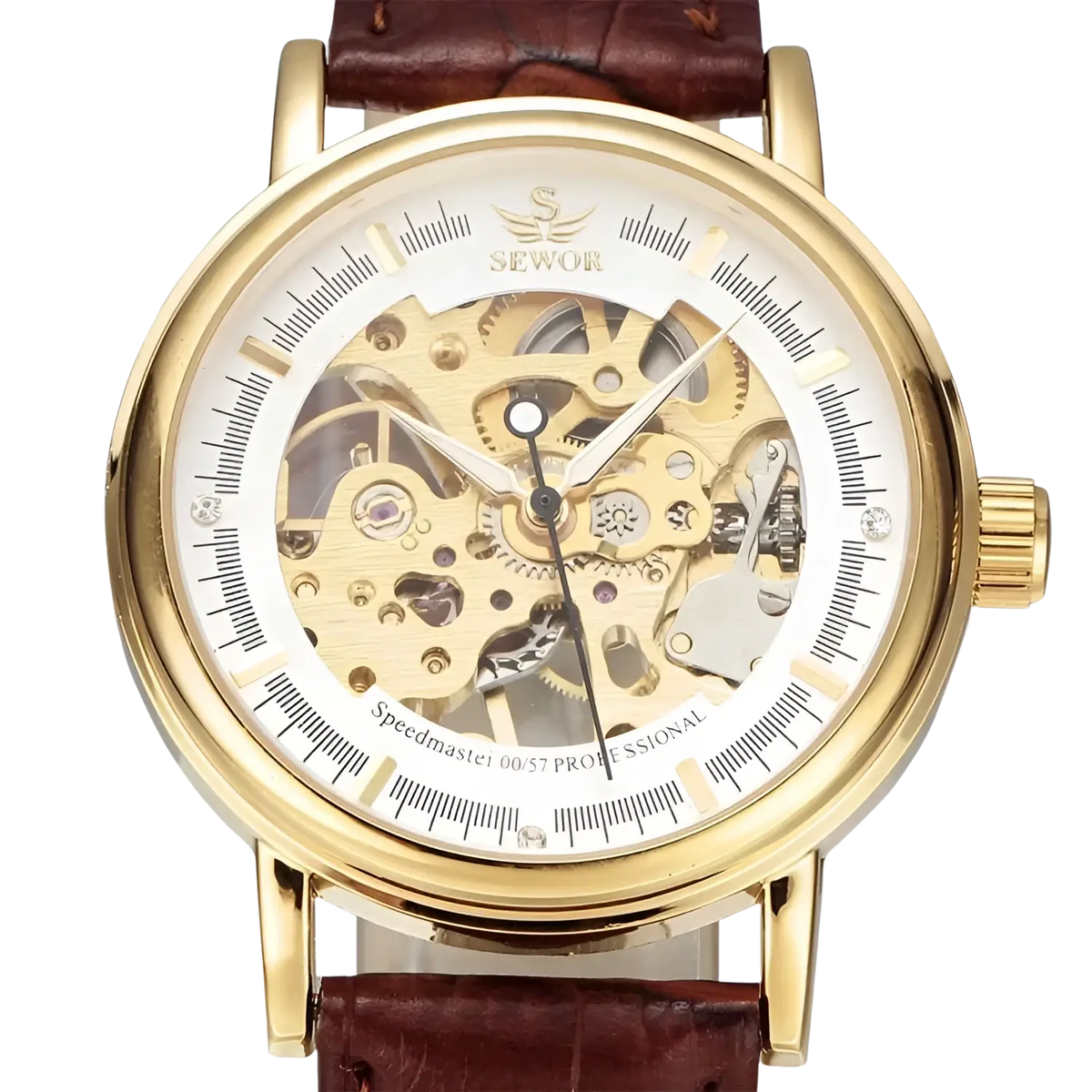 Men mechanical skeleton watch with gold-toned case white dial exposed gears brown pu leather band by Sewor